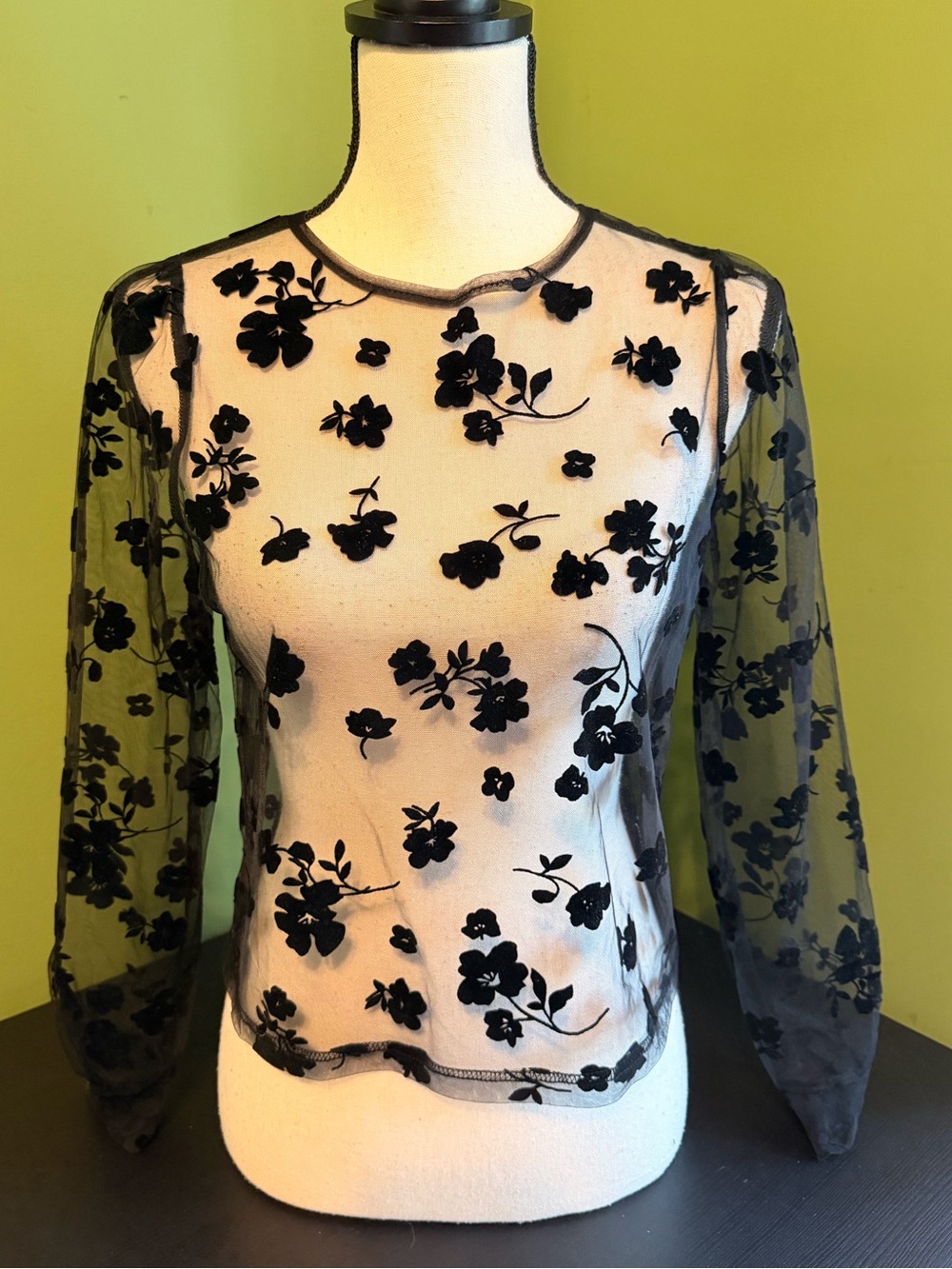 Dazzy Sheer Black Floral Mesh Long Sleeve Top